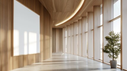 Obraz premium Modern Wooden Hallway with Large Window