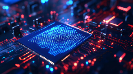 Microchip on a circuit board with blue HTML code background.