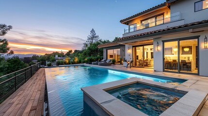 Fototapeta premium An evening view of an outdoor pool located on a deck adjacent to a house New Construction Home in Tarzana California : Generative AI