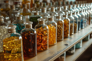 Bottles filled with colorful liquids and small objects on a shelf.