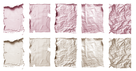 Collection set of pastel light pink beige cream crushed wrinkle scrunch torn rectangle A4 paper, old tear crumple rip edges on transparent cutout, PNG. Many different design. Mockup template artwork