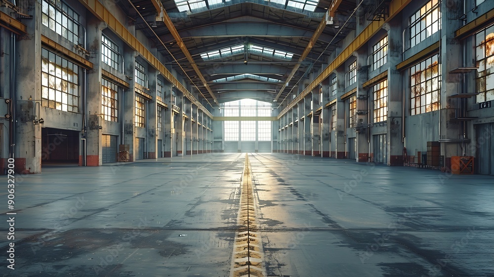 Poster clean and empty industrial hall in detail for supporting poles : generative ai
