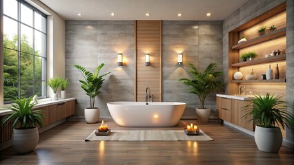 Fototapeta premium Spacious and elegant bathroom with candles on the floor and potted plants, elegant, spacious, bathroom