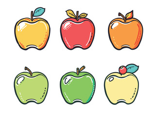 Six colorful cartoon apples, assorted colors styles, handdrawn fruit illustrations isolated white background. Doodle apples, red, green, yellow variants, one small apple top, playful designs
