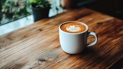 Obraz premium Cappuccino with frothy milk in a white mug on a wooden table, perfect for highlighting coffee culture or home brewing content.