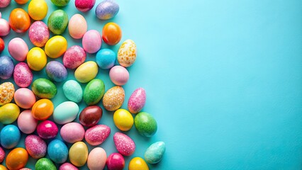 Obraz premium Colorful candy Easter eggs on pale blue background, Easter, candy, eggs, colorful, spring, pastel, holiday, celebration