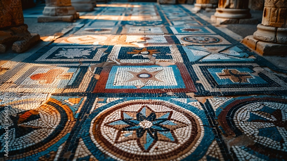 Poster ancient mosaic floor regular pattern from laodicea church with geometric design denizli turkey turki