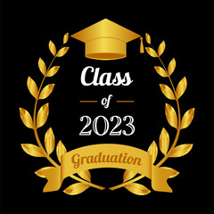 Class of 2023. Template of graduate 2023. Diploma certificate 2023. Laurel crown cap of graduate 2023 in vercor