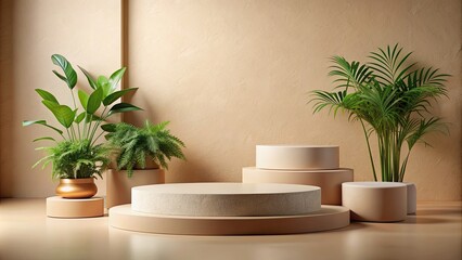 Beige podium product display presentation with sandstone and plants , beige, podium, product display, presentation, sandstone