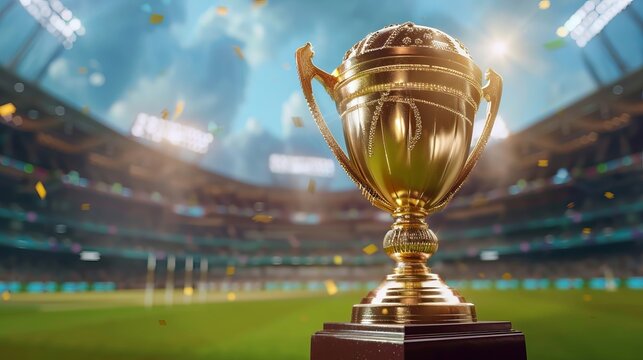 Cricket championship trophy with shining gold accents in front of a world cup trophy on a green cricket stadium field with floodlights and crowd, perfect for sports events, tournaments, and athletic c