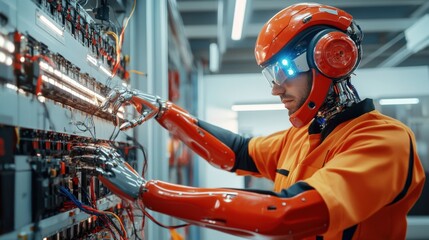 A man in a red and orange outfit is working on a electric system. The robot is made of metal and has a robotic arm. The man is wearing a red helmet and goggles