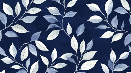 Opulent nature leaves pattern with silver and white leaves set against a rich navy blue background, evoking a sense of luxury and elegance.