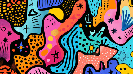 A vibrant doodle art header with a mix of hand-drawn shapes and textures, including squiggles, stars, and dots, in bright, cheerful colors.