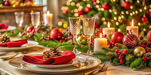 Closeup of a beautifully decorated Christmas table , Christmas, table setting, holiday, festive, decorations, centerpiece