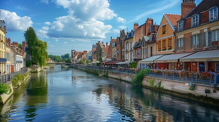 Amiens old town SaintLeu quarter embankment promenade of Somme river street restaurants and cafe typical houses stone bridge in historical city centre France landmarks HautsdeFrance Re : Generative AI
