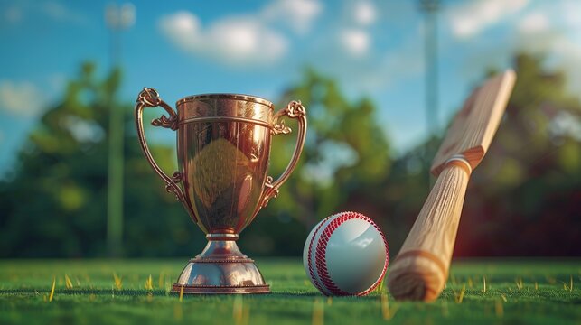 Exciting cricket match between team a and team b featuring cricket bat, ball, stump, and winning cup trophy, capturing the thrill of victory in sports competition