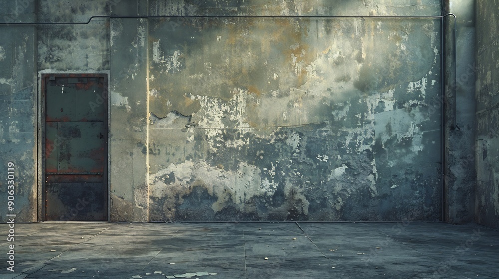 Poster empty warehouse room with grungy stucco concrete wall floor room as background corner of old grunge 