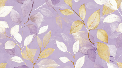 Fototapeta premium An elegant nature leaves pattern with intricate gold and white leaves on a soft lavender background, creating a refined and luxurious appearance.