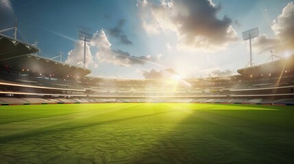 Expansive cricket stadium under bright daylight with green field and empty stands, capturing the energy and atmosphere of a day match, ideal for sports event promotions and recreational venue advertis