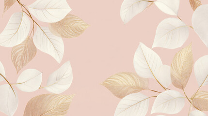 A refined nature leaves pattern with delicate gold and white leaves set against a soft blush pink background, creating a sophisticated and luxurious feel.