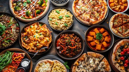 Fototapeta premium Many dishes Junk food assortiment pizza wok top view : Generative AI