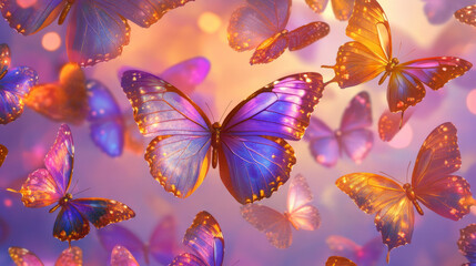 A pattern of elegant butterflies with wings in shades of purple, pink, and gold, fluttering against a pastel background, creating a magical and enchanting atmosphere.