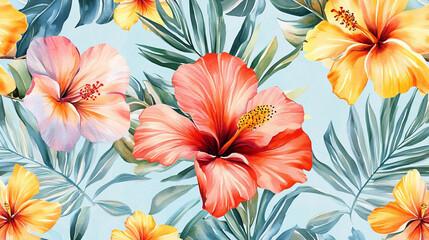 A seamless watercolor floral pattern showcasing tropical flowers and leaves in vibrant shades of red, orange, and yellow, set against a pale blue background.