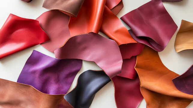 A diverse collection of colored leather pieces scattered on a white background. The colors include bright reds, deep purples, soft pinks, and classic browns, each with a different finish.