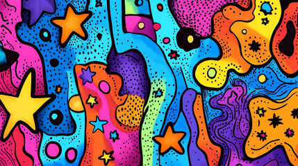 Obraz premium A vibrant doodle art header with a mix of hand-drawn shapes and textures, including squiggles, stars, and dots, in bright, cheerful colors.