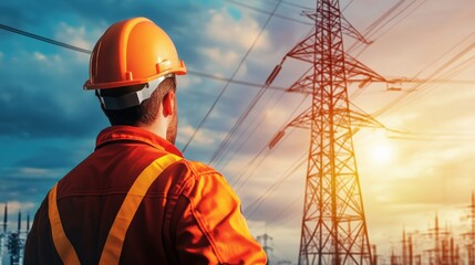 A man in a hard hat stands in front of a power line. The sky is cloudy and the sun is setting