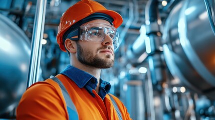 A man in an orange shirt and a hard hat stands in front of a large industrial building. He is wearing safety goggles and he is a worker in a factory