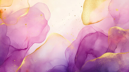 A dynamic abstract background featuring bold watercolor stain elements in rich purples and golds, creating a luxurious and eye-catching scene.