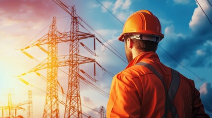 A man in a hard hat stands in front of a power line. The sky is cloudy and the sun is setting