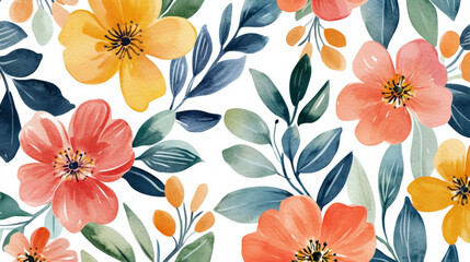 A whimsical seamless watercolor floral pattern showcasing a variety of blossoms and leaves in bright, cheerful colors, creating a lively and playful design.
