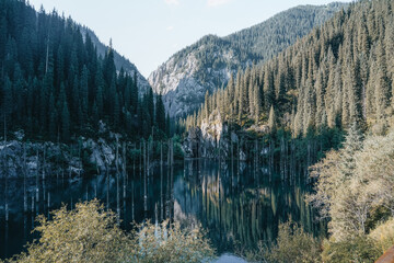 montain reflection in the lake made in kazakhistan 