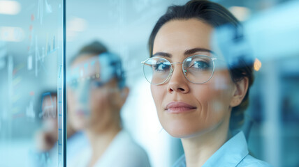 A businesswoman with glasses examines data on a transparent screen. The modern office highlights her analytical skills and focus, showcasing technology in business analysis.