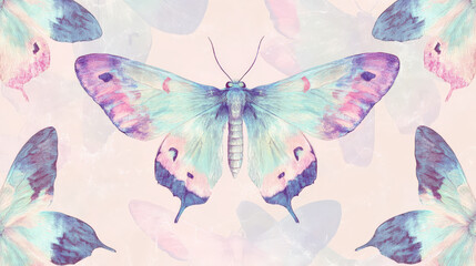 A pattern of delicate moths with wings in soft pastel colors like lavender, pink, and mint, creating a serene and enchanting background.