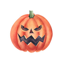 Pumpkin with a face. Hand-drawn watercolor illustration. An isolated element for Halloween, the day of the dead. A bundle for the design of invitations, postcards, invitations, stickers, posters.