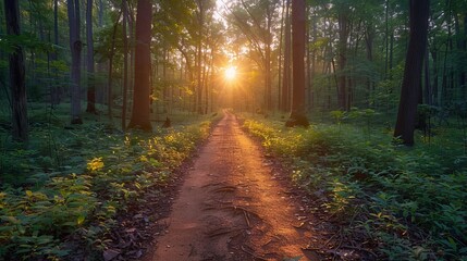 Obraz premium Sunlight filters through leaves onto a winding dirt path in a vibrant green summer forest