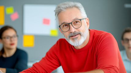 Senior professional with glasses and a beard, wearing a red sweater, actively engages in a discussion in a modern office. Colleagues in the background add to the collaborative and dynamic environment.