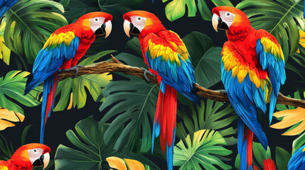 Obraz premium A pattern of striking macaws with feathers in vivid shades of red, blue, and yellow, perched on tropical branches, creating a vibrant and exotic background.