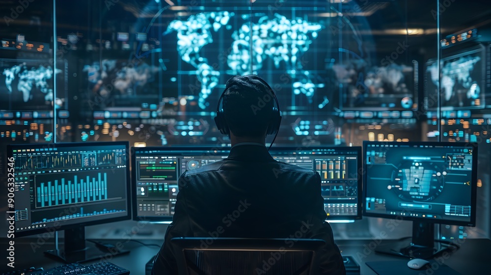 Poster cybersecurity center with holographic interfaces and intense data monitoring