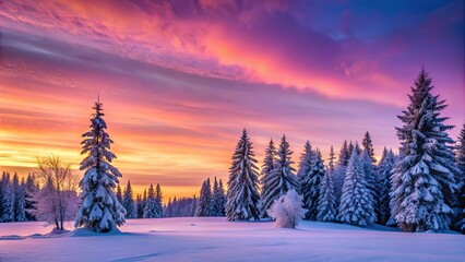 Snow-covered trees silhouetted against a pink and purple sunset sky, winter, sky, landscape, season, cold, snow, trees, silhouette