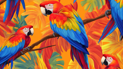 Fototapeta premium A pattern of striking macaws with feathers in vivid shades of red, blue, and yellow, perched on tropical branches, creating a vibrant and exotic background.
