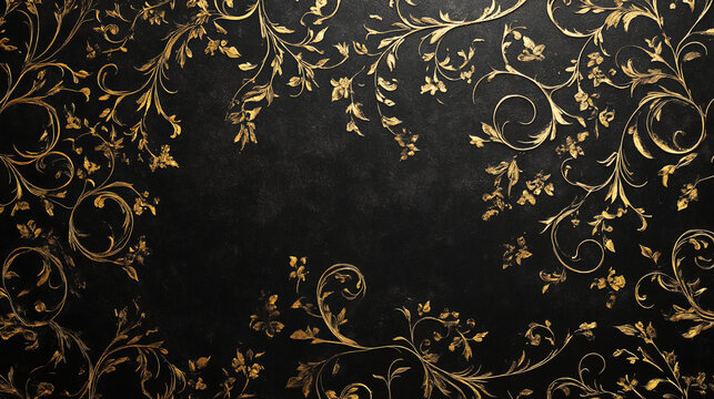 A matte black background with delicate gold filigree patterns. The intricate gold designs add a touch of vintage elegance to the sophisticated black surface.
