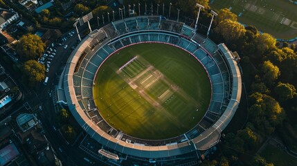 Drone shot of a packed cricket stadium with enthusiastic fans, bright stadium lights, and green field capturing the excitement of a live match, perfect for sports enthusiasts, event promotions, and re