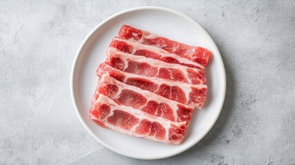Sliced belly pork for shabu shabu on a white plate, set against a grey background with ample room for copy, top view.