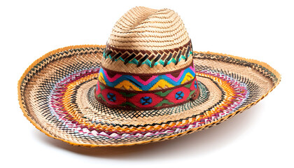 Classic Mexican Straw Sombrero with Colorful Woven Brim Isolated on white background