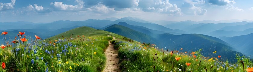 Scenic Mountain Trail with Wildflowers and Distant Peaks Hiking Concept