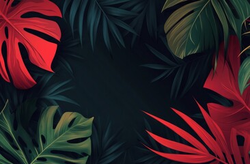Red and green tropical leaves on a dark background